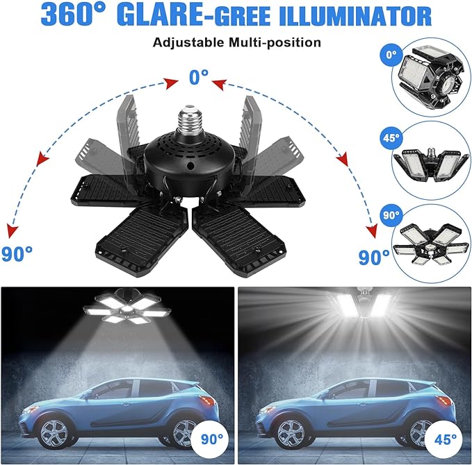 LED Garage Lights Bulb 2 Pack 180W 18000LM 6500K Led Shop Light with 6 Plus 1 Deformable Panels Basement Barn Ceiling Lights for E26/E27