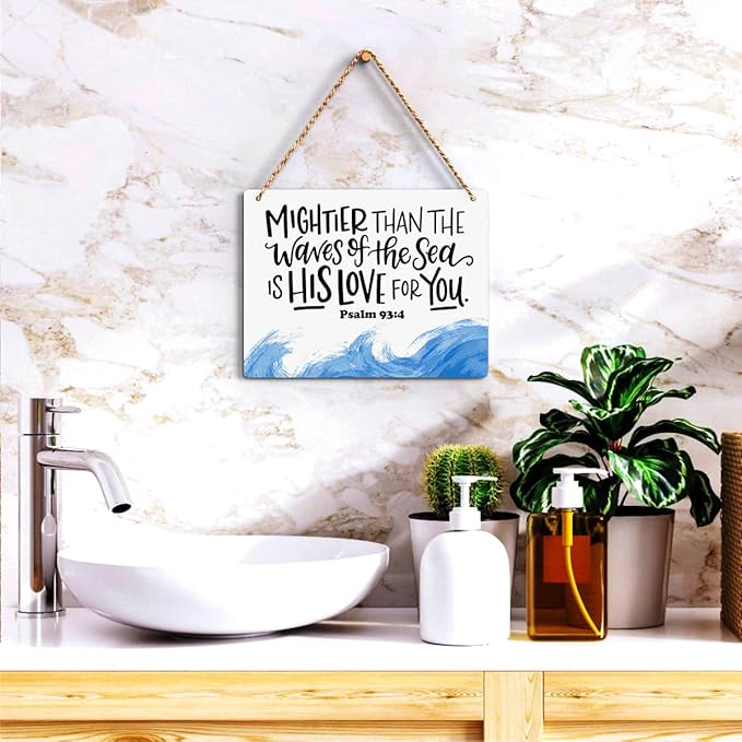 Inspirational Nautical Decor Mightier Than The Waves of The Sea Psalm 93:4 Scripture Wooden Hanging Sign Christian Gift for Baby Kids Girl Boy Nursery Teen Room Bible Verse Wall Art 10 x 8 Inches
