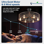 DLLT Caged Ceiling Fan with Lights: 26" Bladeless Fandelier with Light and Remote - Walnut Industrial Chandelier Fan Light for Bedroom Living Dining Room Kitchen