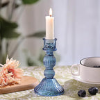 DARJEN 2 Pcs Blue Candlestick Holders - Vertical Stripe Glass Candle Holders for Taper and Votive Candles, Taper Candle Holder for Home, Wedding, Party, Dinner Table Decor