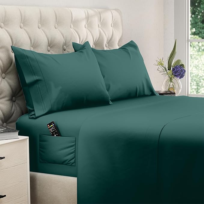 DREAMCARE Full Size Sheets Set - 4 Pcs Cooling Bed Sheets with Up to 15" Deep Pockets - Soft, Long-Lasting 100% Brushed Polyester with Side Pocket (Emerald Green)