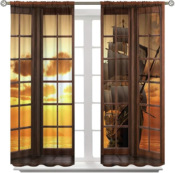 Retro Ship Curtains, Window View Sailing Boat Ship Schooner, Nautical Style Ocean Sunset Landscape Print Blackout Window Drapes for Boys Bedroom Living Room 52x84in