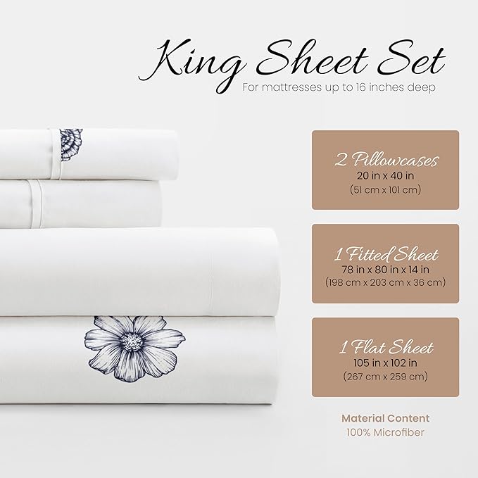 Linen Market 4 Piece King Sheet Set - Breathable, Double-Brushed Patterned Cooling Sheets – Oeko-TEX Certified Ultra Soft & Wrinkle-Free 16" Deep-Pocket King Sheets - Easy Care Indigo Flowers Navy