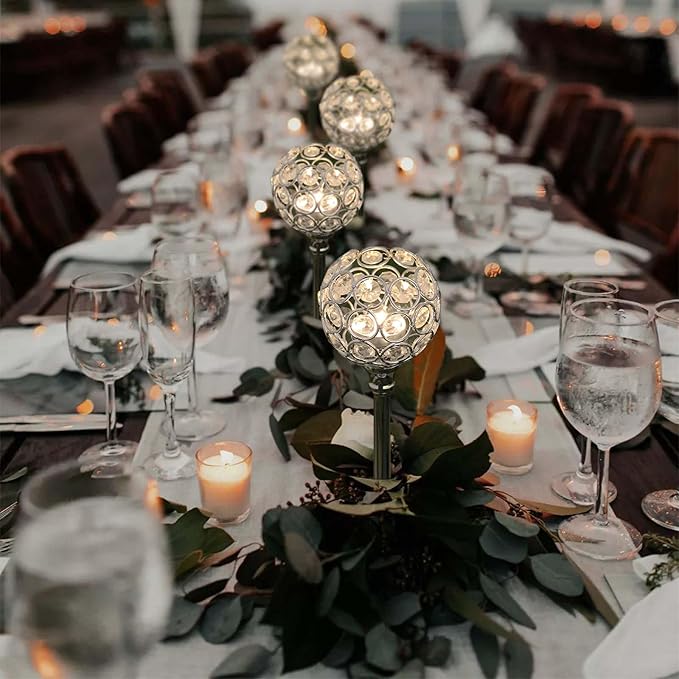 Crystal Metal Tealight Candlestick, Bling Bowl Candelabras, Tall Crystal Votive Candle Holders Elegant Crystal Candle Centerpiece for Dining Table Wedding Decor (Set of 6, Silver)