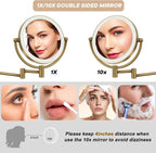 Make up Mirror Wall Mounted Lighted 10X Magnifying Hard Wired, Double Sides 3 Color Lighting Touch Dimming, 360 Swivel Extended Arm Shaving Light up Mirror for Bathroom, Antique Brass