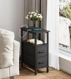 Narrow Side Table for Small Spaces, Skinny End Table with Charging Station, Sofa Beside Table with 2 Fabric Drawers and 1 Open Compartment, Slim Nightstand with USB Ports Outlet, Black UTBT004B