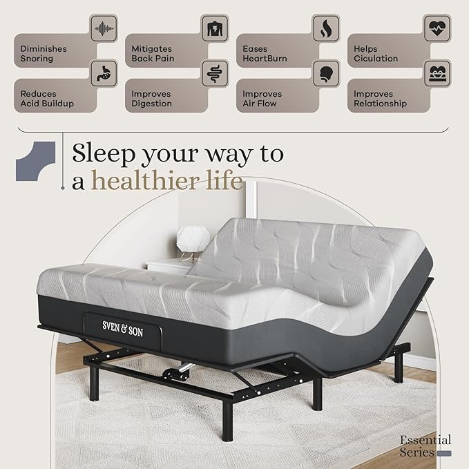 Sven and Son Essential Adjustable Bed Base (Frame) + 10 inch Memory Foam Matt (Firm), Easy Assembly, Head and Foot Lift, Memory Positions, Zero Gravity, Wireless Remote - Queen