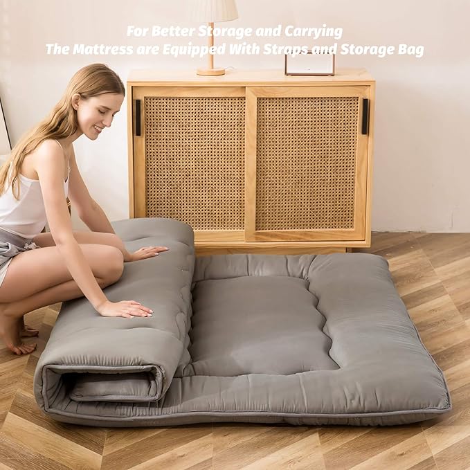 MAXYOYO Japanese Floor Mattress Futon Mattress, 4" Thicken Tatami Mat Sleeping Pad Foldable Roll Up Mat Boys Girls Dormitory Pad Kids Floor Lounger Pillow Bed, Charcoal Grey, Full Size