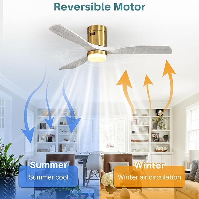 Sofucor 52 Inch Smart Ceiling Fans with Lights-Flush Mount Low Profile Modern Outdoor Solid Wood Ceiling Fans with Alexa/Google Assistant/APP/Remote Control for Bedroom/Farmhouse/Patio, Grey Gold