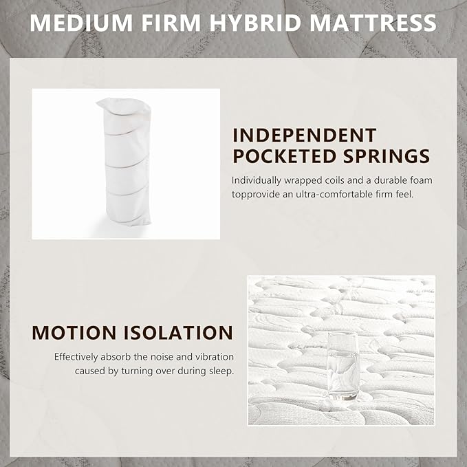 Mattress Queen Size 14 Inch - Memory Foam Hybrid Mattress for Pressure Relief & Motion Isolation - Medium Firm Queen Mattress with Pocketed Coils Breathable Bamboo Cover Certipur-Us Certified