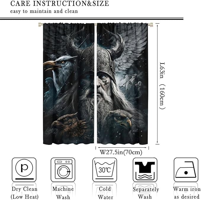 Fantasy Norse Viking Curtains for Bedroom - Cool Gothic Vintage Vikings Mystical Symbol Eagle Window Drapes,Energy Saving Thermal Insulated Rod Pocket Bedroom Blackout Curtains 2 Panels 63L x 27.5W