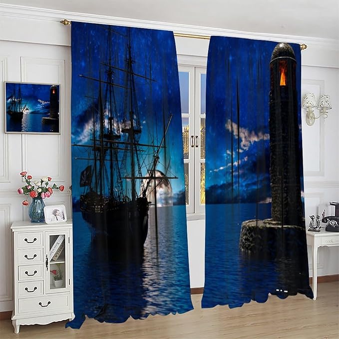 Pirate Ship Curtains, Nautical Sailboat Sailing Ocean Adventure Full Moon Cloudy Night Sky Old Lighthouse Print Blackout Window Treatments for Bedroom Living Room 42x63in