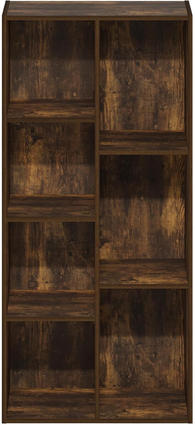 Furinno LUDER Book Shelf, 7-Cube Bookshelf, Bookcase, 9.4" x 19.5" x 41.7", for Living Room, Bedroom, Home Office, Amber Pine