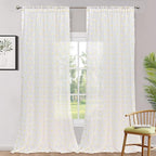 MYSKY HOME Yellow Pom Pom Curtains - 108 Inch Long Large Sheer Mustard Curtains for Living Room - Sliding Door Light Filtering Rod Pocket Window Panels - 52 x 108 inch - 2 Pieces