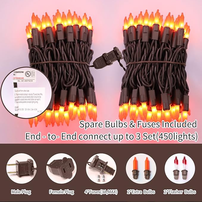LAMPHOME Super-Bright Extendable Orange Christmas Lights Decoration 300Lights 63.8ft(2pk of 150L) UL Certified Mini Bulb String Light Set for Outdoor Halloween Home Christmas Tree Garden Holiday Decor