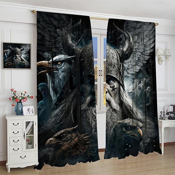 Fantasy Norse Viking Blackout Curtains for Bedroom,Cool Gothic Vintage Vikings Mystical Symbol Eagle Rod Pocket Thermal Insulated Room Darkening Curtains 2 Panels 63L x 31.5W