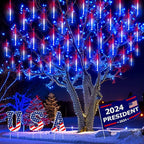 Kwaiffeo 4th of July Decorations Outdoor, Red White Blue Meteor Shower Lights for Independence National Memorial Day, Patriotic Flag Lights, 8 Tubes