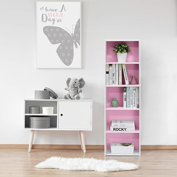 Furinno LUDER Book Shelf, 5-Tier Bookshelf, Bookcase, 9.4" x 15.8" x 52", for Living Room, Bedroom, Home Office, White/Pink