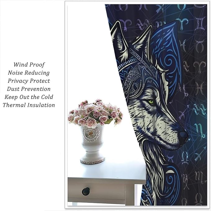 Viking Wolf Curtains Blue Rune Nordic Gothic Animal Curtains Dark Ancient Totem Mythological Pattern Printed Curtains Boys Bedroom Living Room Decoration Blackout Curtains W42 * L54 Inch