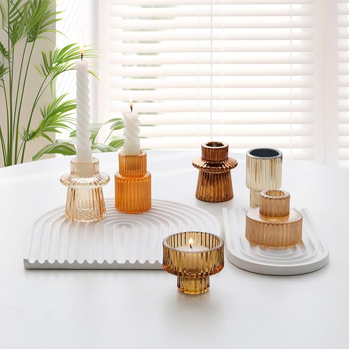 Gold Candlestick Holders 6PCS for Tealight Candle Stick Candles, Ribbed Glass Taper Candle Holders Set Table Centerpieces for Thanksgiving Christmas Farmhouse Decor Indoor and Outdoor