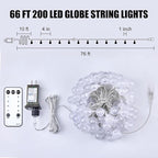 Minetom Crystal Globe String Lights Plug in - 66 ft 200 LED Globe Fairy String Lights with Remote and Timer, Waterproof for Bedroom Tent Loft Bed Window Porch Patio Wedding Holiday Decor, Warm White