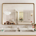 LOAAO 55X30 Inch Bathroom Mirror with Wood Grain Colored Metal Frame, Rounded Rectangle Metal Framed Bathroom Mirror, Anti-Rust, Hangs Horizontally or Vertically, Tempered Glass