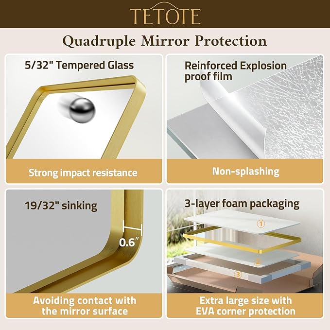 TETOTE Gold Vanity Mirror 42 x 36 Brushed Gold Metal Framed Vanity Mirror, Tempered Glass, Modern Farmhouse Wall Mounted Mirrors for Decorative(Horizontal/Vertical)