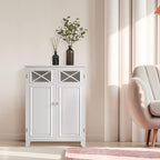 Teamson Home Dawson Wooden Freestanding Floor Cabinet with 1 Fixed 1 Adjustable Shelves 3 Storage Spaces 2 Glass Paneled Doors and 2 Clear Knobs, White