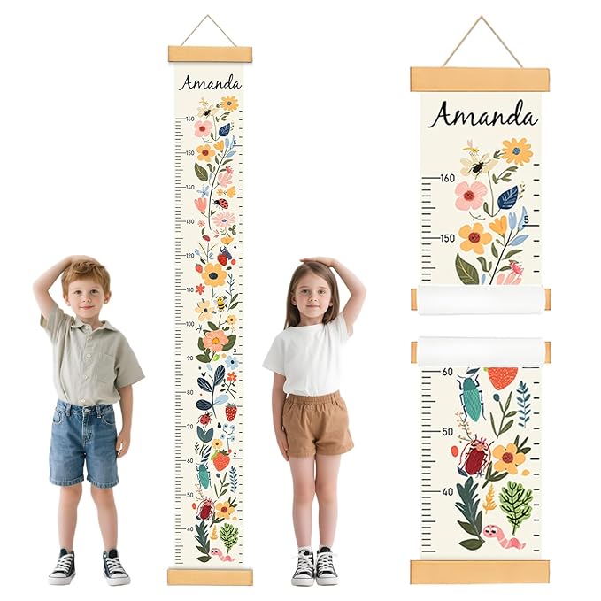 Personalized Painted Flower Insects Growth Chart for Wall Kids, Name Height Chart for Kids, for Nursery & Bedroom, Baby Shower Gift (59" x 7.8")