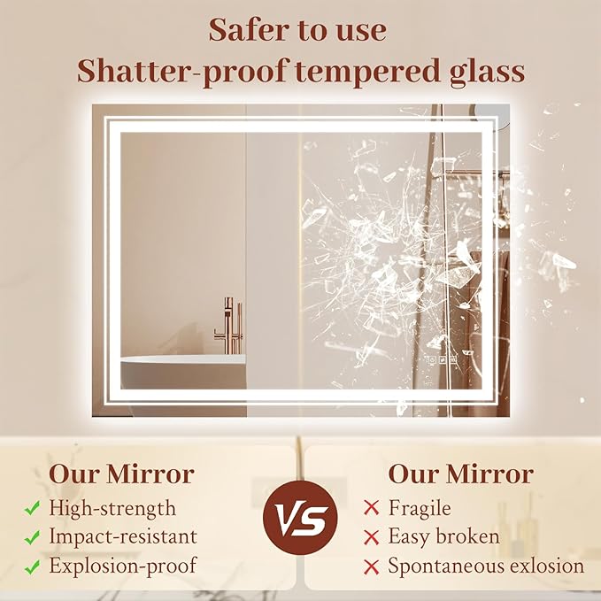 24x36 LED Mirror for Bathroom with Front and Backlit Light Up Digital Mirrors for Wall,Anti Fog,Stepless Dimmable,Tempered Silver Glass Smart Vanity Mirror for Bathroom
