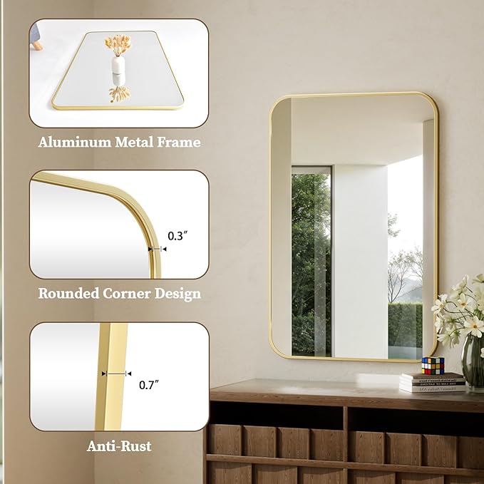 BEAUTYPEAK Gold Rectangular Bathroom Mirror - 30" x 48" Wall Mounted Aluminum Alloy Frame Mirror with Rounded Corners for Bedroom Living Room, Horizontal or Vertical