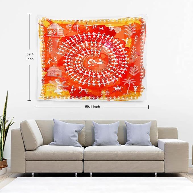 Batmerry Tribal Art Abstract Tapestry, Traditional Ancient Tribal Indian Rural Wall Art Hanging Decoration Polyester Fiber White Ruffled Around for Dorm Room Bedroom Living Room, 39.1x59.1 inches