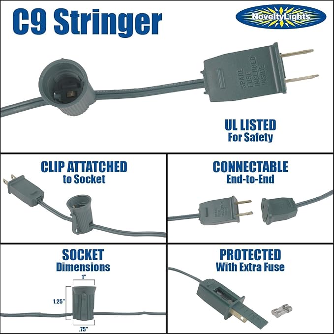 25 Foot C9 Yellow Ceramic Outdoor Christmas String Light Set - Opaque Bulbs - Roofline Light String - Green Wire