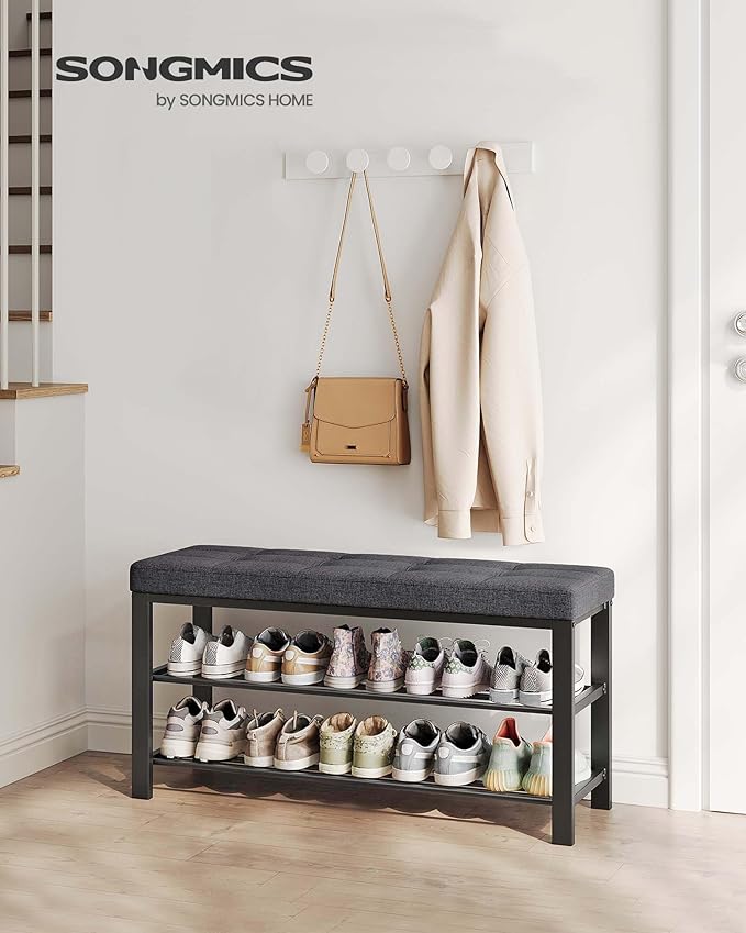 SONGMICS Shoe Bench, Storage Bench, Entryway Bench with Cushion, Shoe Shelf with Seat, Space-Saving, Modern Style, for Living Room, Bedroom, Hallway, Dark Gray and Ink Black ULBS579B33
