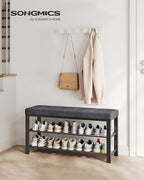 SONGMICS Shoe Bench, Storage Bench, Entryway Bench with Cushion, Shoe Shelf with Seat, Space-Saving, Modern Style, for Living Room, Bedroom, Hallway, Dark Gray and Ink Black ULBS579B33