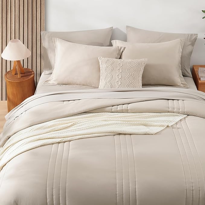 Monbix King Size Comforter Set - 7 Pieces Bed in a Bag King, Apricot Beige Bedding Sets with Comforter, All Seasons Comforter Bed Set with Sheets, Pillowcases & Shams