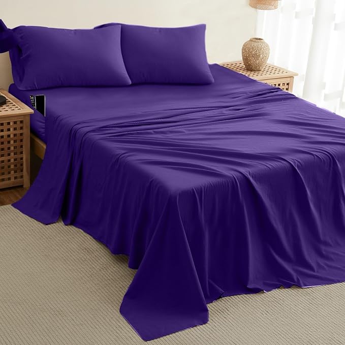 DREAMCARE Full Size – 4 pcs Cooling Sheets – up to 21” Deep Full Sheet Set – Hotel Luxury Sheets & Pillowcases – Superior Softness 100% Polyester with Side Pocket – Purple