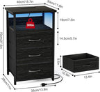 Fixwal Night Stand with Charging Station, LED Nightstand with Fabric Drawers, End Table with PU Finish, Bed Side Table, Black Oak