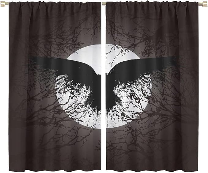Cool Raven Print Curtains,Vintage Nordic Viking Theme Dead Tree Crow Full Moon Window Drapes Thermal Insulated Rod Pocket Blackout Drapes for Bedroom 2 Panels 63L x 36W