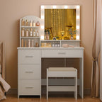 Quimoo Makeup Vanity with 10 Light Bulbs and Charging Station, Vanity Desk with Lighted Mirror & 4 Drawers, Vanity Table Set with Cushioned Stool,White