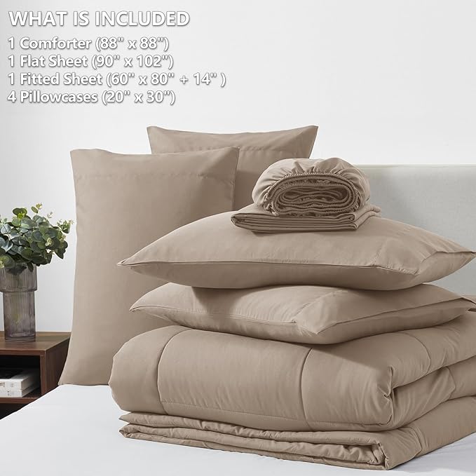 CozyLux Queen Comforter Set Khaki, 7 Pieces Bed in a Bag, Khaki Comforter Queen Size, All Season Bedding Sets with Stitch Quilted Comforter, Flat Sheet, Fitted Sheet, Pillowcases