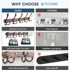 TICONN Wall Mounted Coat Rack, Five Heavy Duty Tri Hooks All Metal Construction for Jacket Coat Hat in Mudroom Entryway (Antique Bronze, 2-Pack)