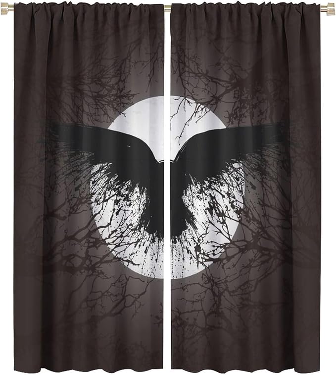 Cool Raven Print Curtains for Bedroom - Vintage Nordic Viking Theme Dead Tree Crow Full Moon Window Drapes,Energy Saving Thermal Insulated Rod Pocket Bedroom Blackout Curtains 2 Panels 54L x 21W