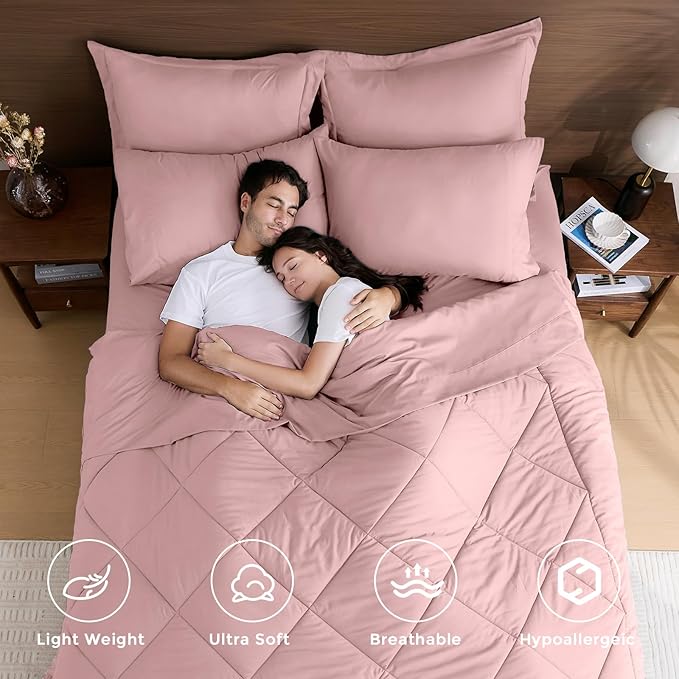 HEVUMYI Rose Gold Cali-King Comforter Set - 7-Piece All Season Bed in a Bag Cali-King, Ultra Soft Bedding Set with Comforter, Flat Sheet, Fitted Sheet, Pillowcases, Pillow Shams