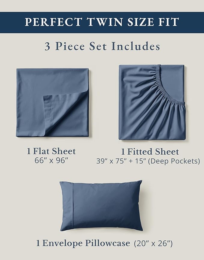 LANE LINEN 100% Organic Cotton Twin Bed Sheet Set, Luxury Hotel Style Fade Resistant Deep Pocket Machine Washable Twin Size Sheet Set, Eco Friendly Mercerized Cotton Sheets- Estate Blue