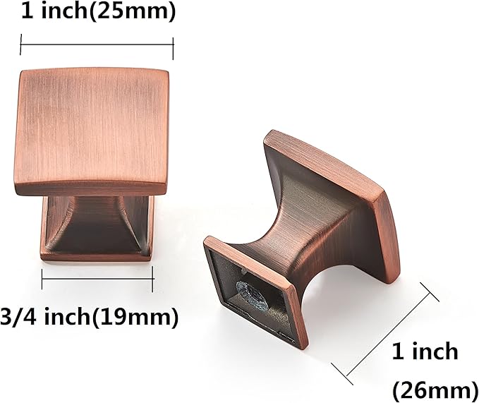 Khtumeware 10 Pack 1 inch Brushed Antique Copper Cabinet Knobs Square Drawer Handles for Kitchen and Dresser Drawers