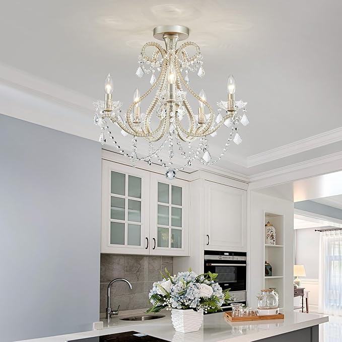 WUZUPS 5-Light Crystal Candle Chandelier Flushmount Ceiling Light Modern Lighting Fixture for Bedroom Hallway Bar Kitchen Bathroom, H 20.9" W 22", E12 Base, Brushed Nickel