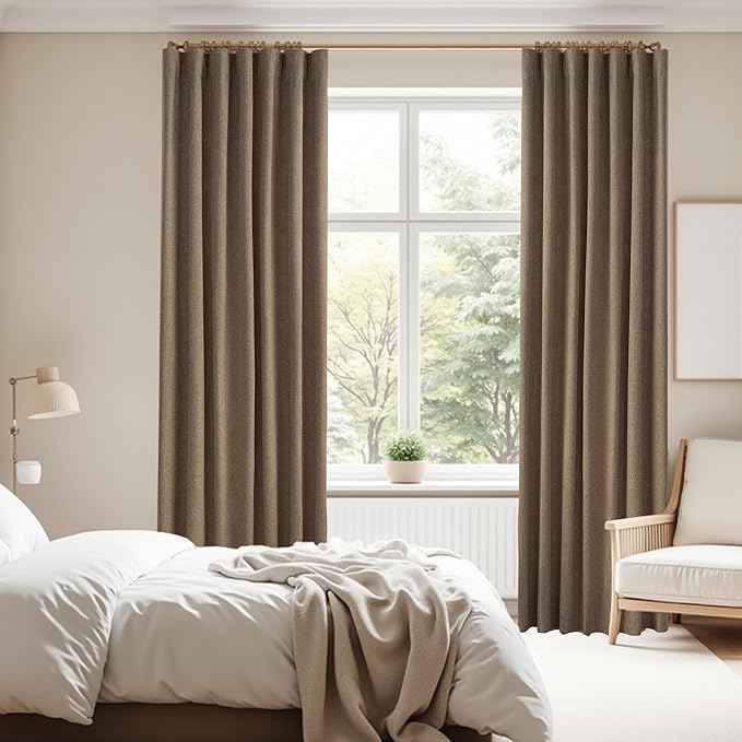 KangBang Brown Linen Blackout Curtains for Bedroom Living Room, Thermal Insulated Rustic Linen Woven Sandstone Curtains 84 Inches Length 2 Panels Set, Back Tab/Rod Pocket/Hook Belt, 52x84 Inch