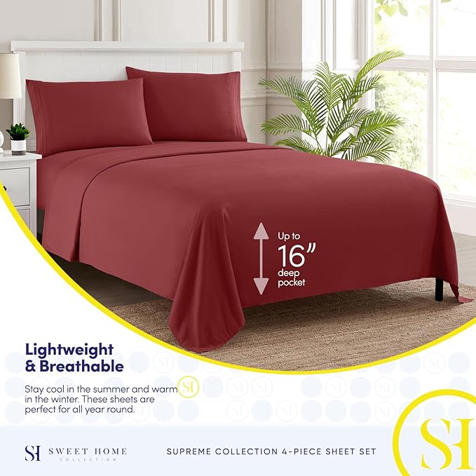 California King Sheet Sets - Breathable Luxury Sheets with Full Elastic & Secure Corner Straps Built In - 1800 Supreme Collection Deep Pocket Bedding Set, Sheet Set, California King, Burgundy