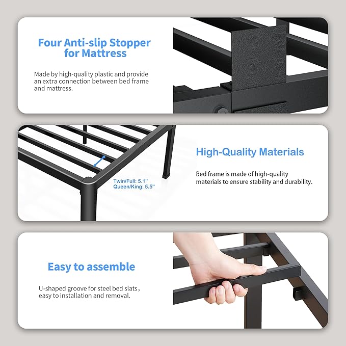 ROIL 12 inch King Size Bed Frame Metal Platform No Box Spring Needed with Headboard Hole Round Corner Legs Mattress Stoppers Retainers 3500LBS Heavy Duty Steel Slats Noise-Free